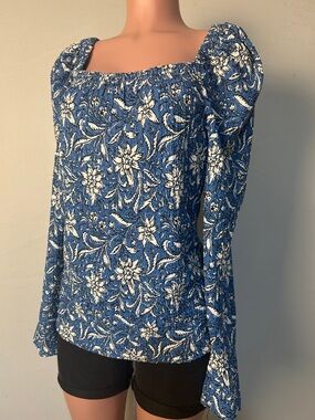 LOFT Women’s Floral Puff Long Sleeve Blouse Textured Top Square Neck Size L NWT